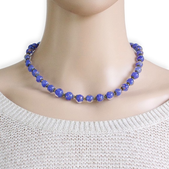 Vintage Venetian Glass Beaded Necklace Cobalt Blue Aventurine Bead Murano Italy - Picture 1 of 5